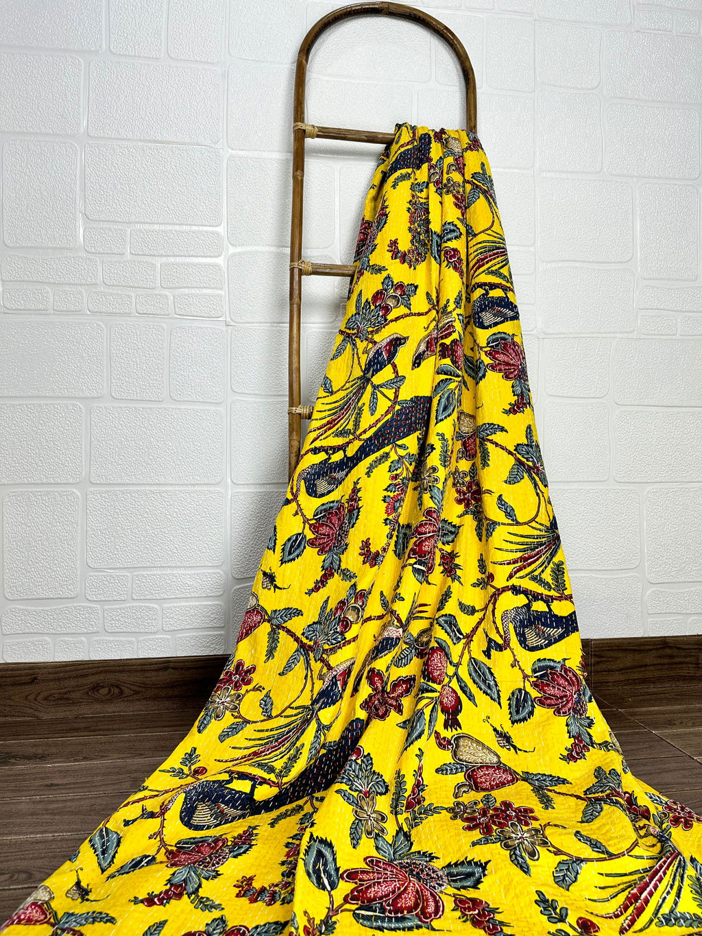 reversible Kantha-stitched block-printed Cotton Throw in yellow floral