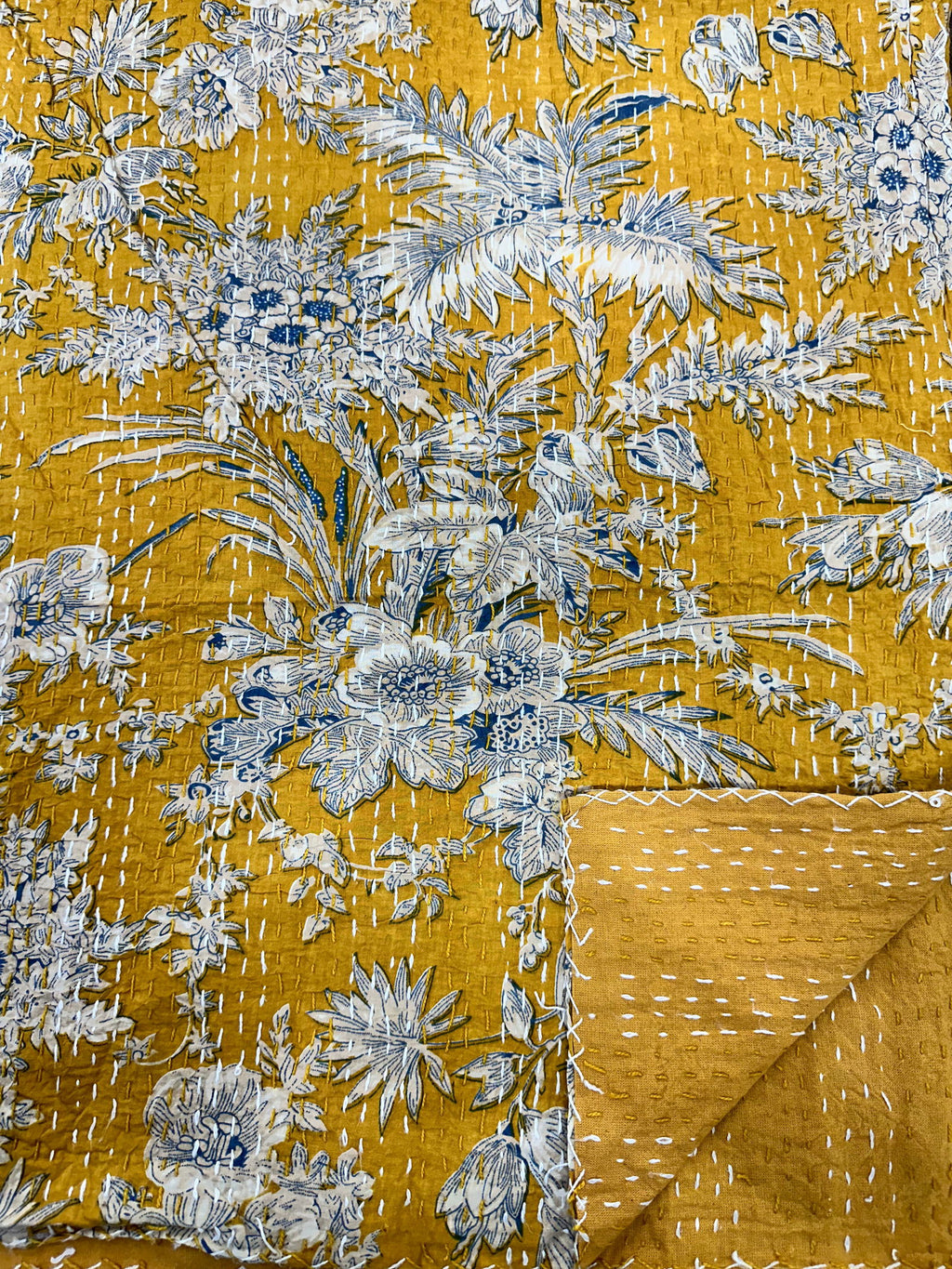 reversible Kantha-stitched block-printed Cotton Throw in yellow gardenia