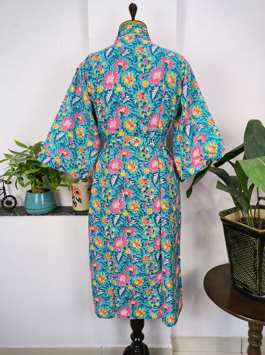 block-printed Cotton Kimono Robe in aqua blue floral