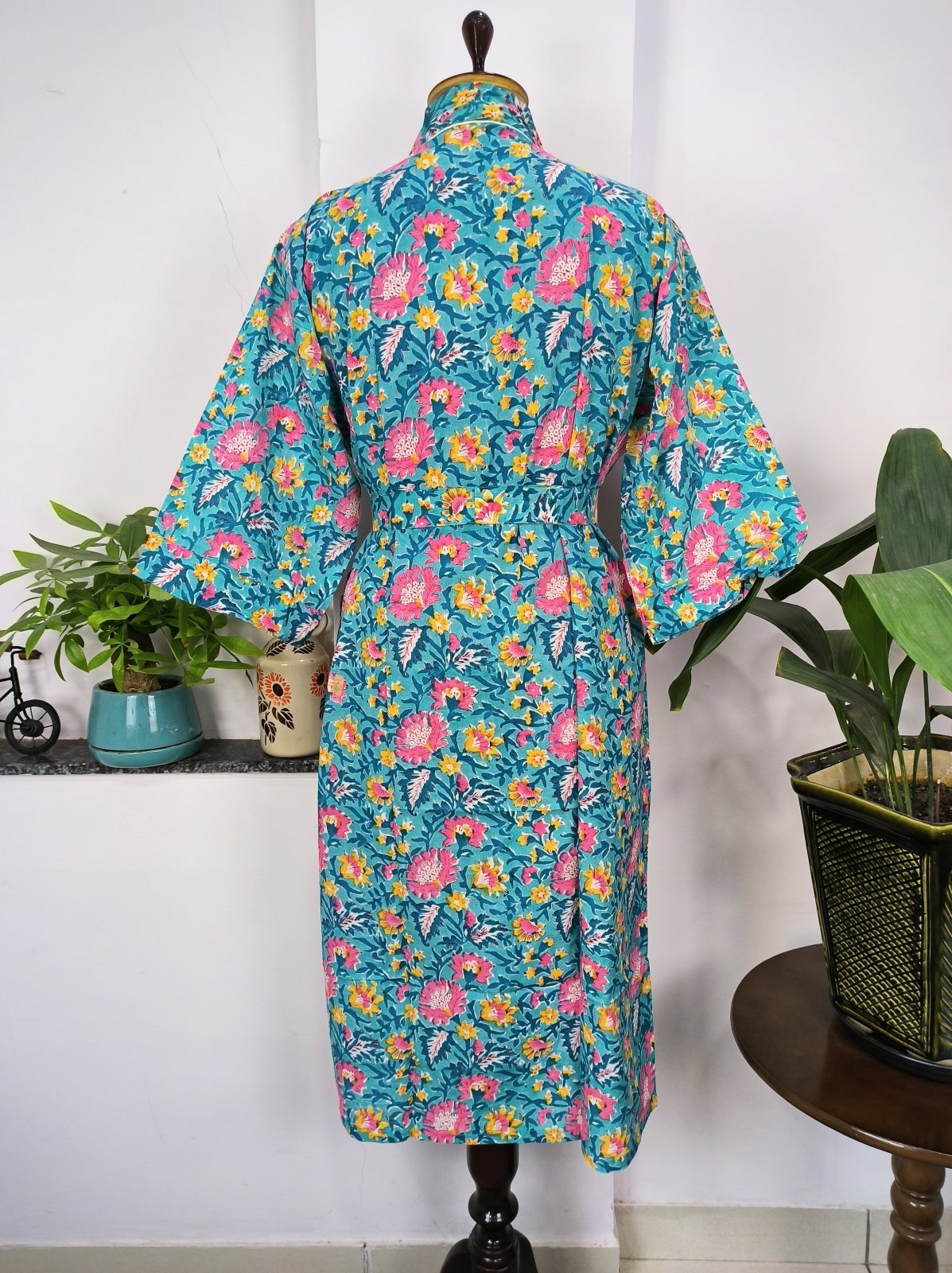 block-printed Cotton Kimono Robe in aqua blue floral