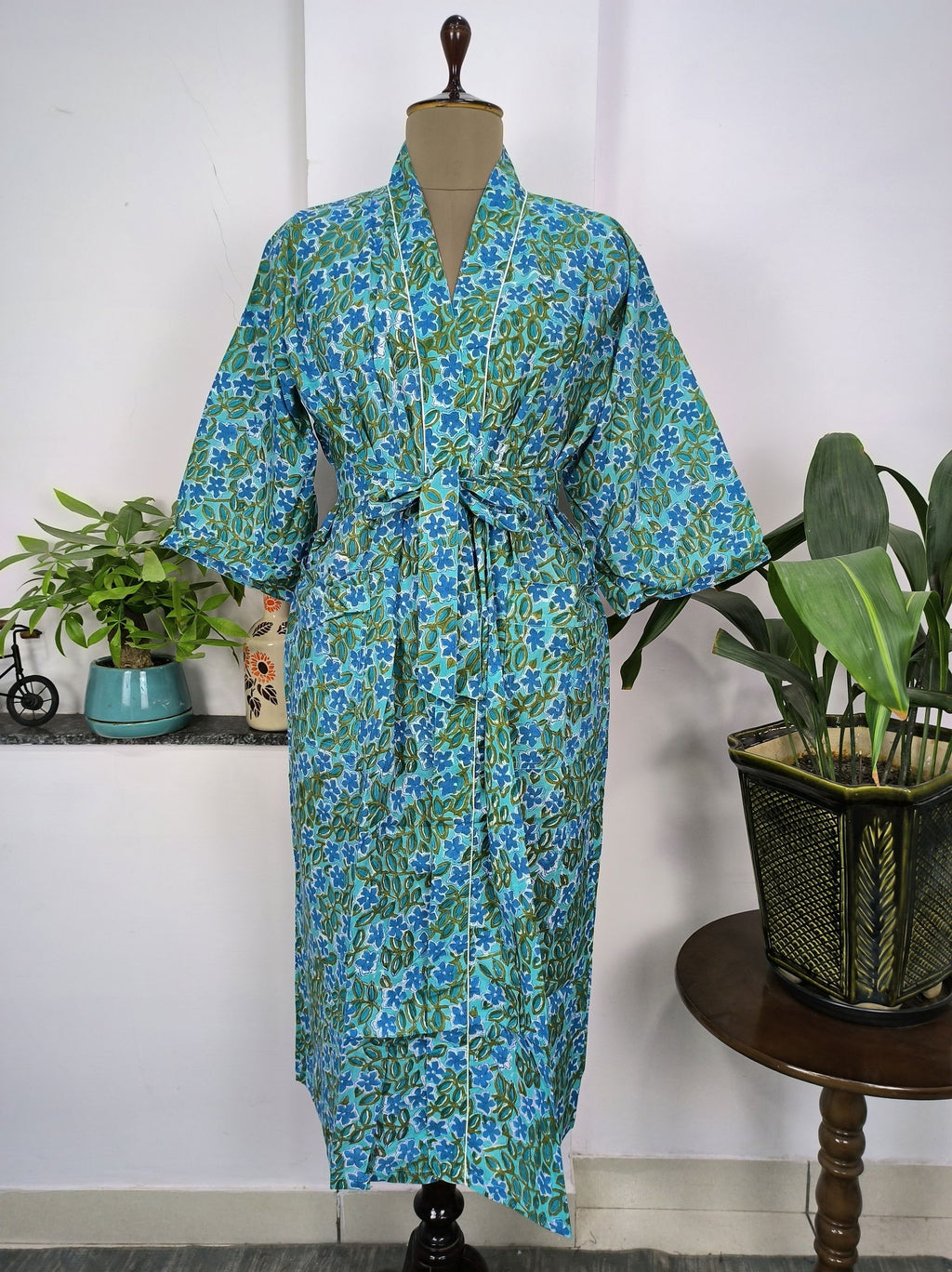 block-printed Cotton Kimono Robe in aqua blue green floral