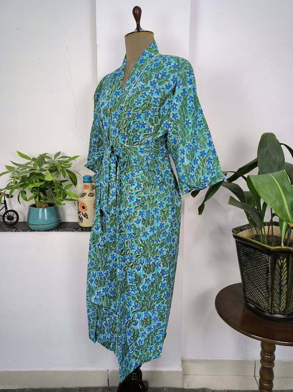 block-printed Cotton Kimono Robe in aqua blue green floral