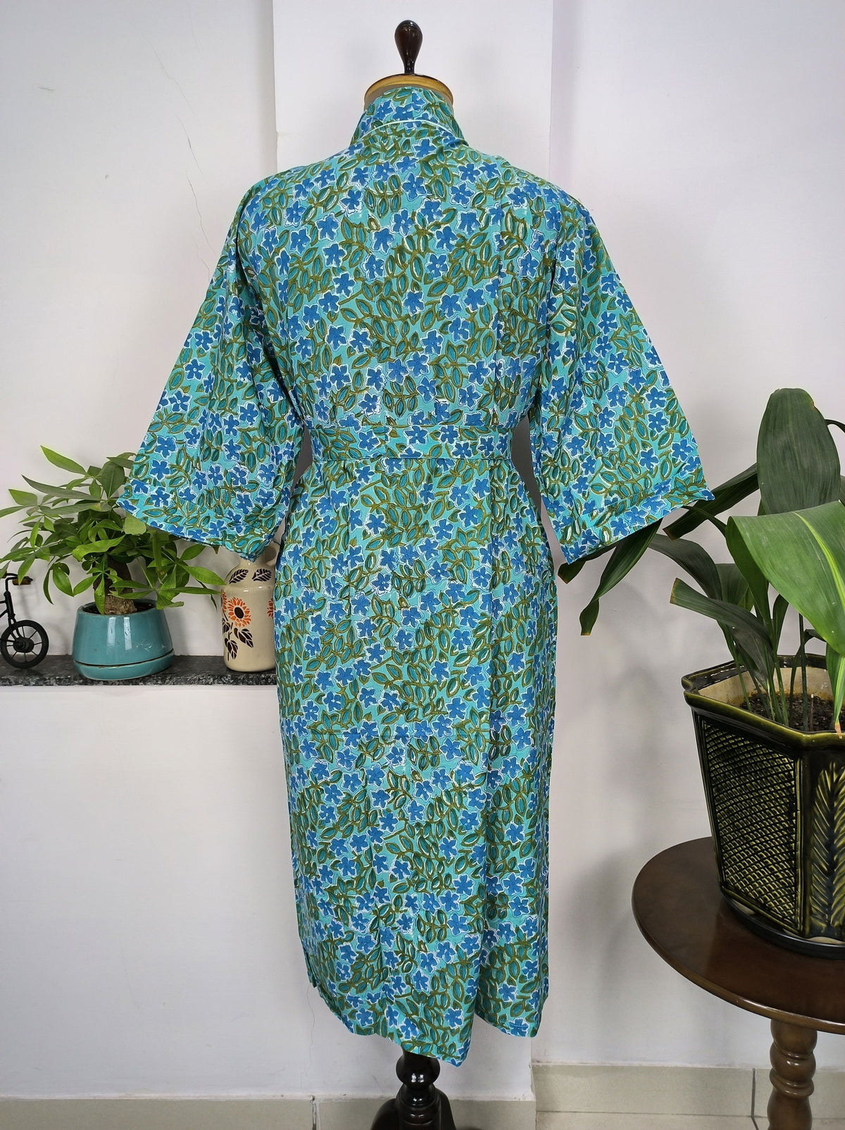 block-printed Cotton Kimono Robe in aqua blue green floral