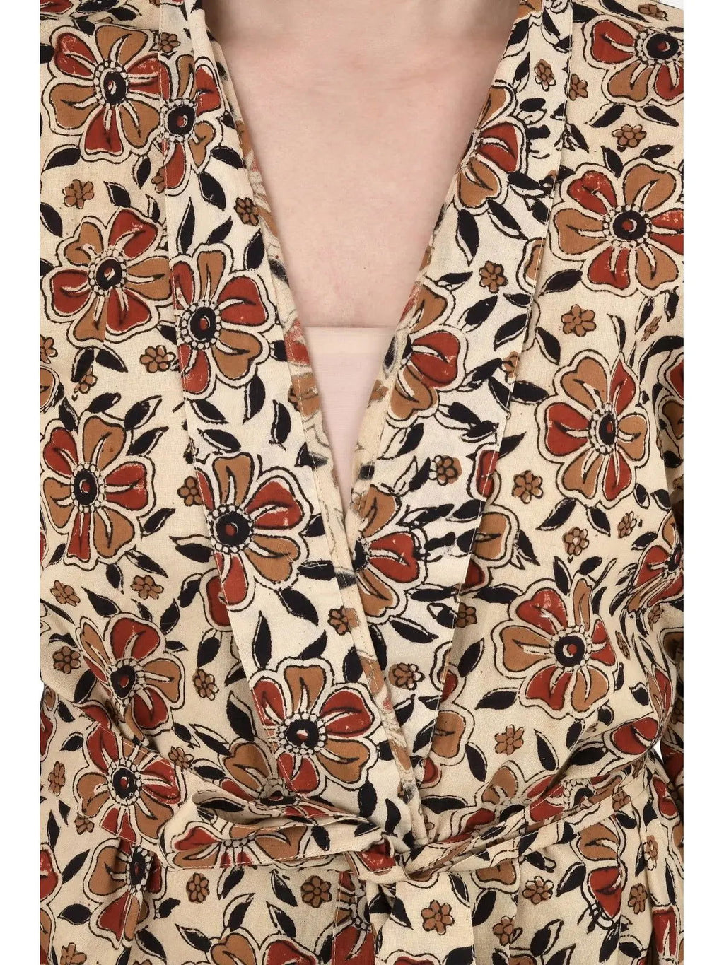Women's block-printed Cotton Kimono Robe in beige black red floral