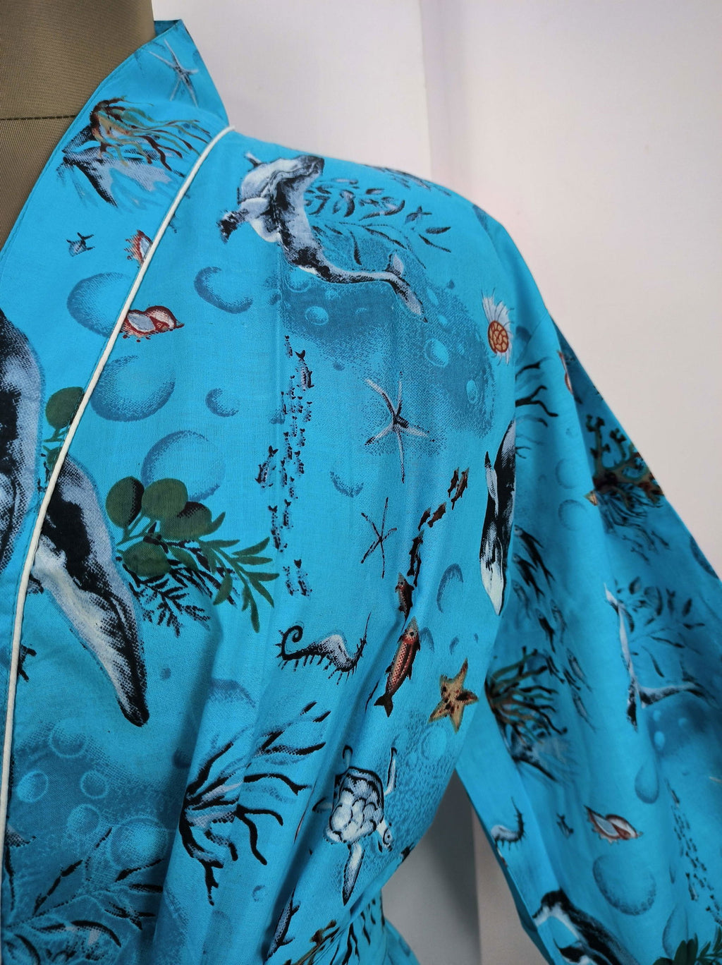 block-printed Cotton Kimono Robe in blue fish