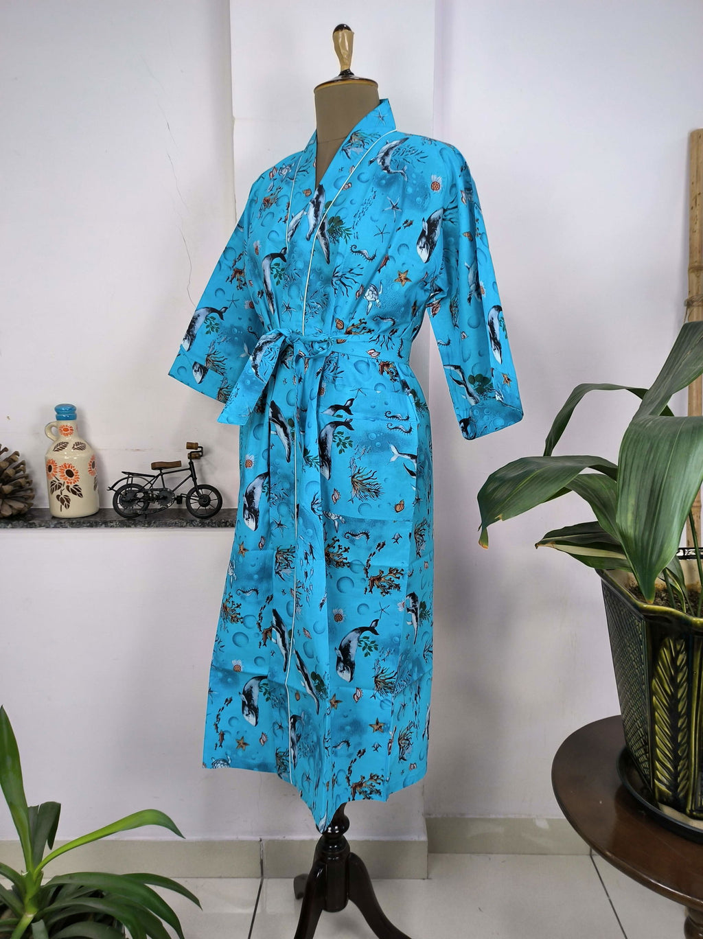 block-printed Cotton Kimono Robe in blue fish