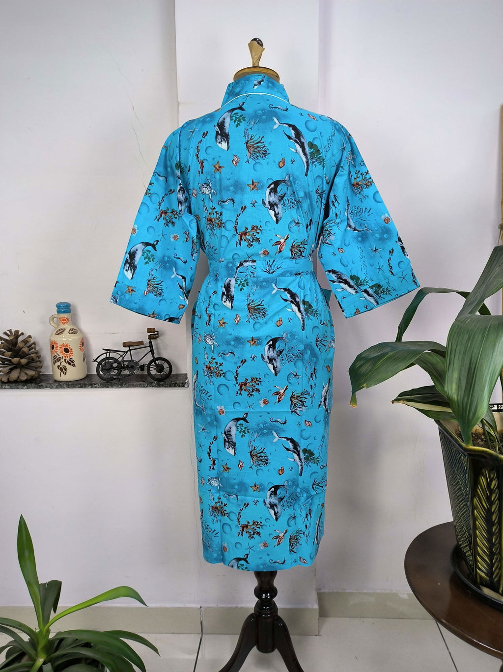 block-printed Cotton Kimono Robe in blue fish
