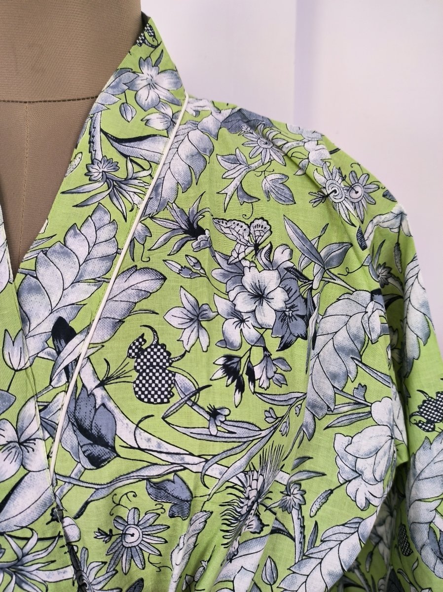block-printed Cotton Kimono Robe in green grey butterfly