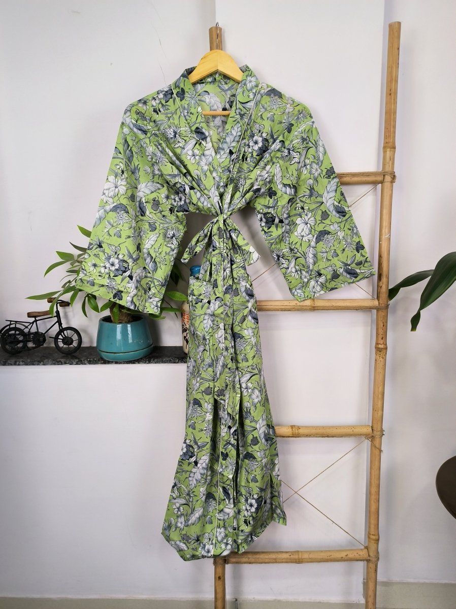 block-printed Cotton Kimono Robe in green grey butterfly