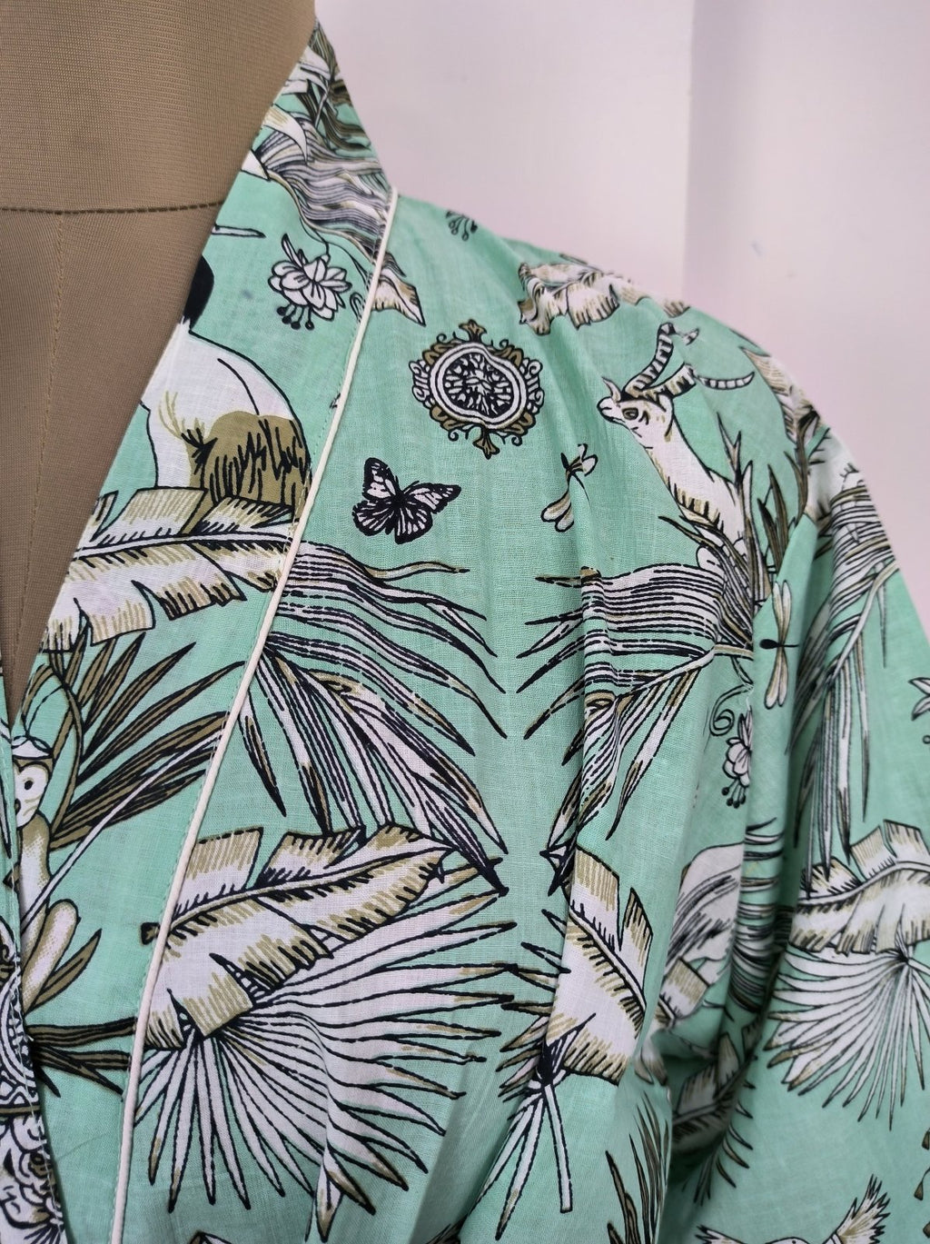block-printed Cotton Kimono Robe in green monkey