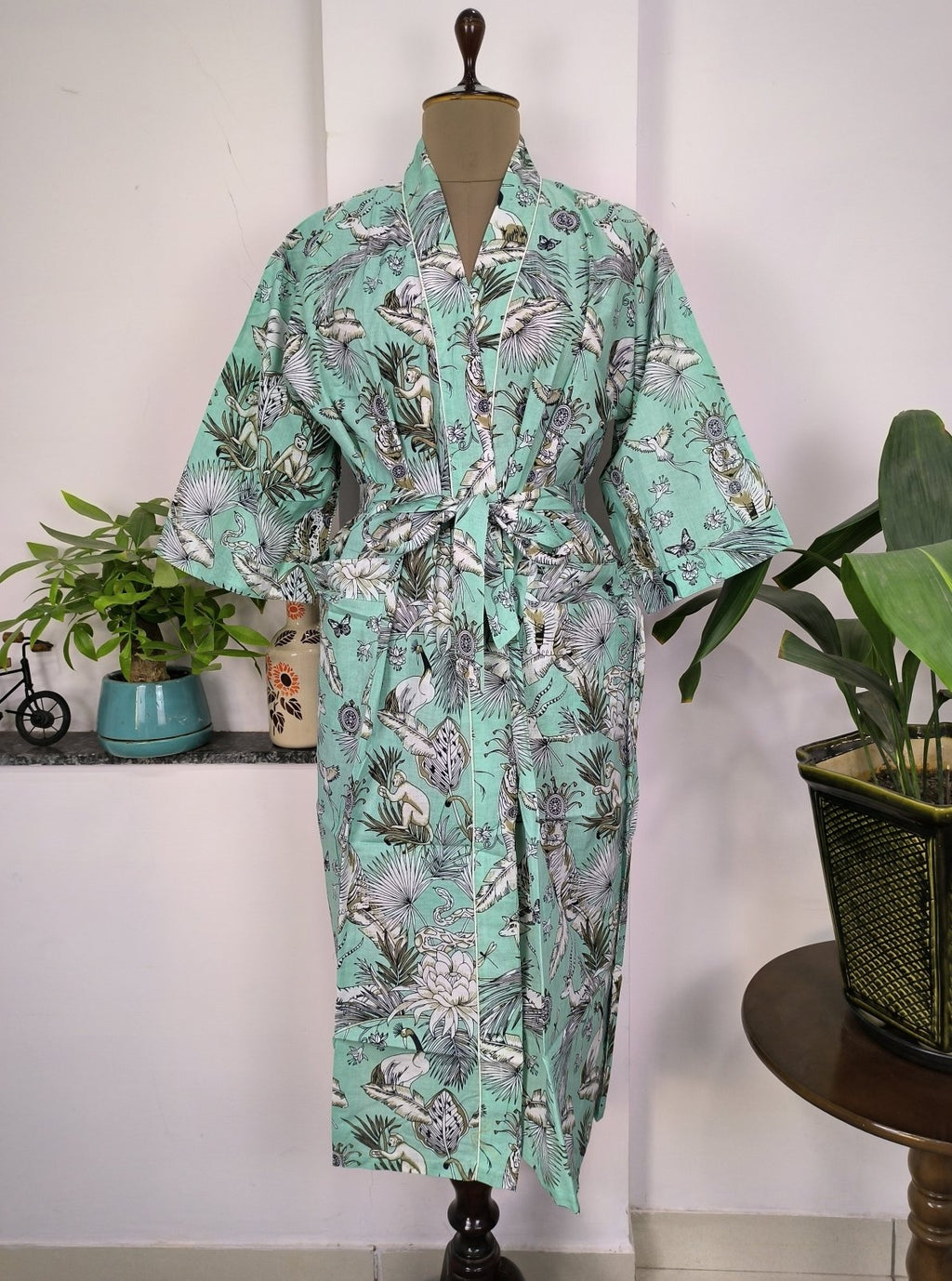 block-printed Cotton Kimono Robe in green monkey
