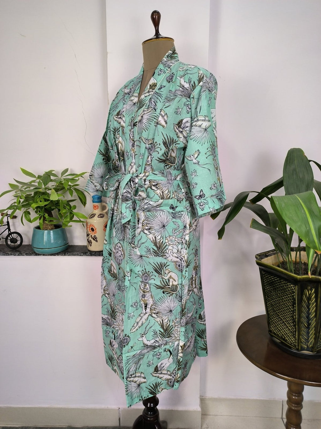 block-printed Cotton Kimono Robe in green monkey