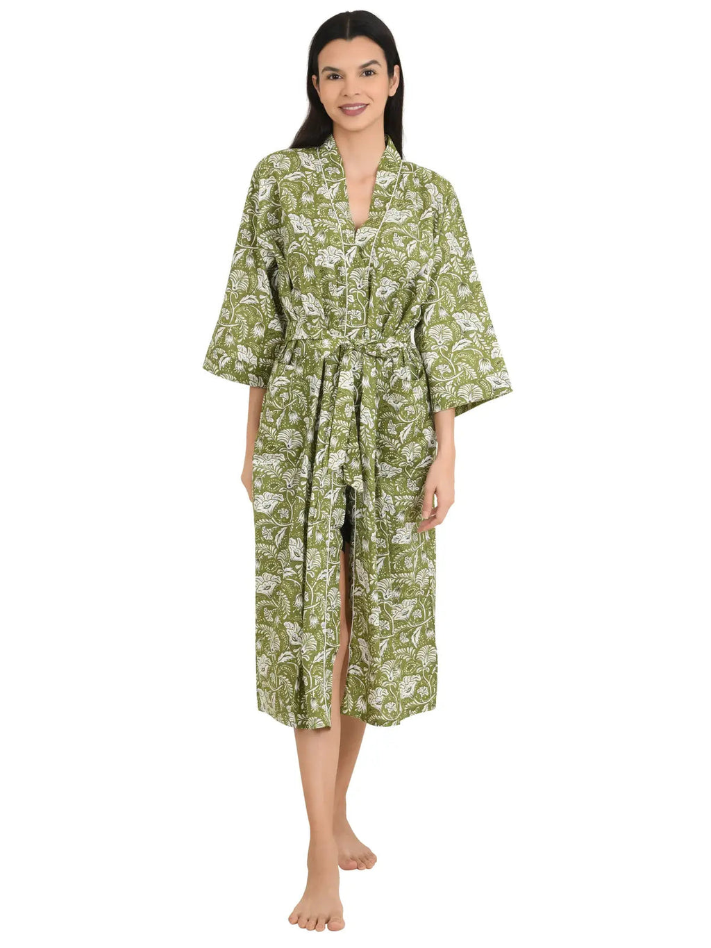 block-printed Cotton Kimono Robe in green white floral