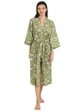 block-printed Cotton Kimono Robe in green white floral