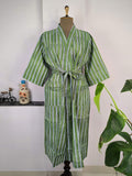 block-printed Cotton Kimono Robe in green white striped
