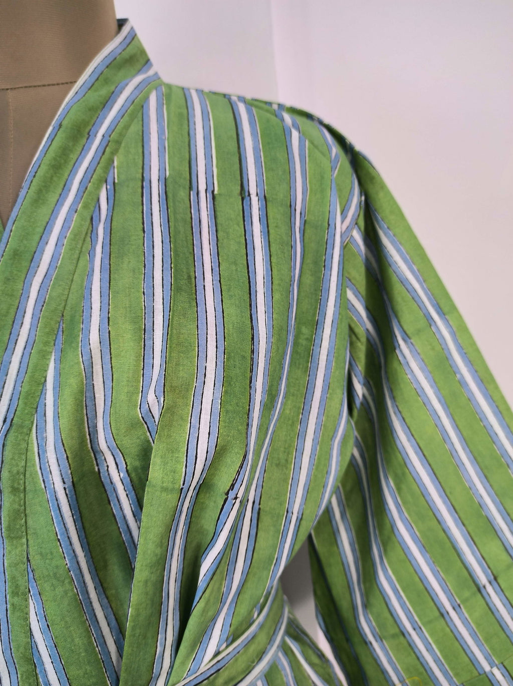 block-printed Cotton Kimono Robe in green white striped