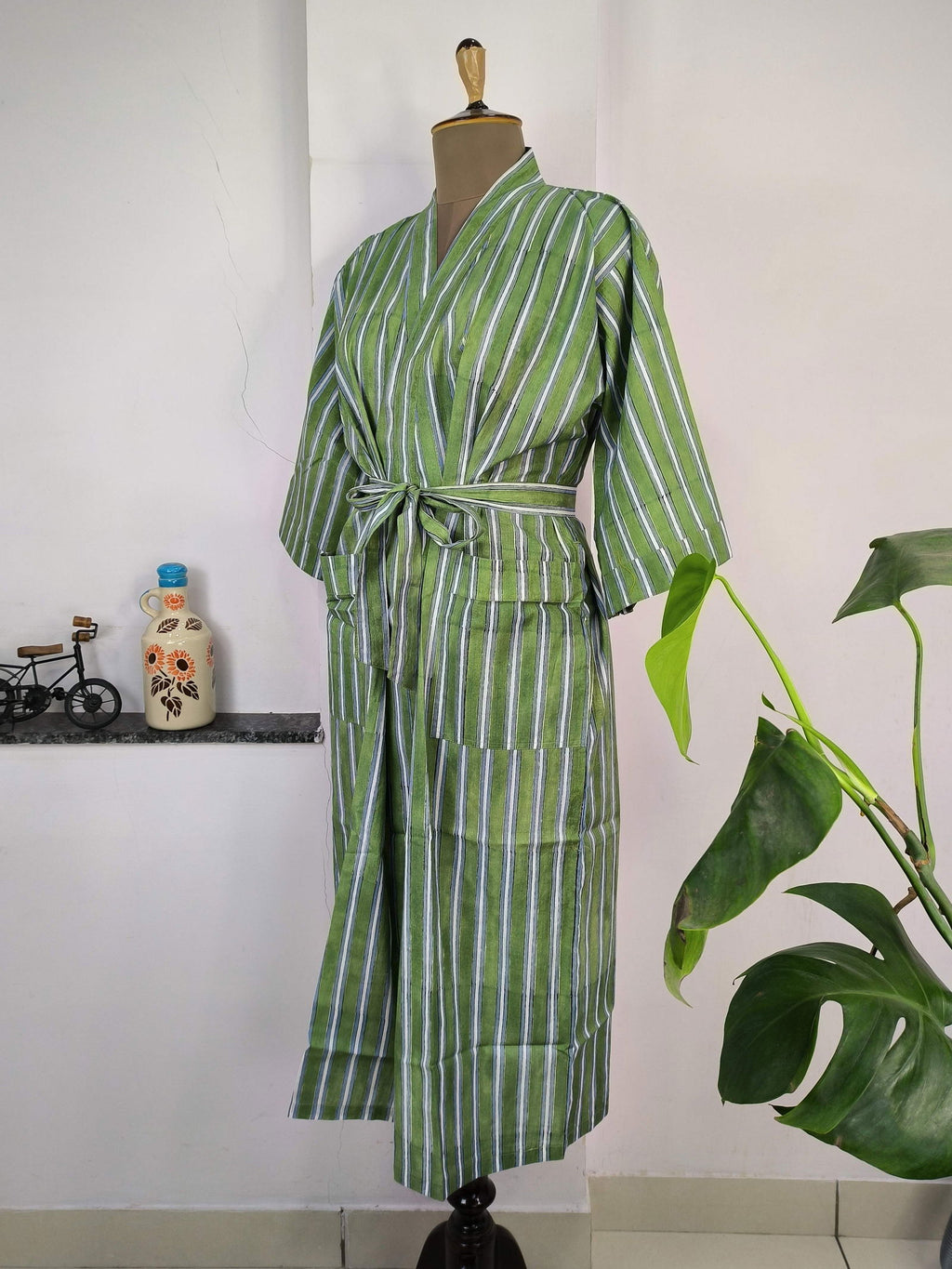 block-printed Cotton Kimono Robe in green white striped