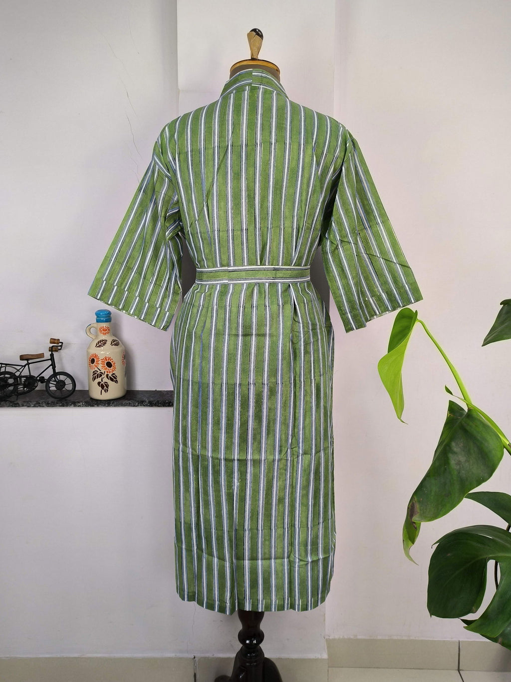 block-printed Cotton Kimono Robe in green white striped