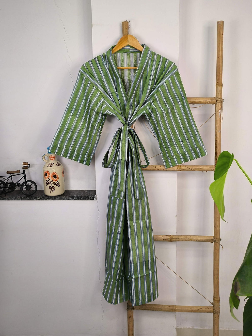 block-printed Cotton Kimono Robe in green white striped