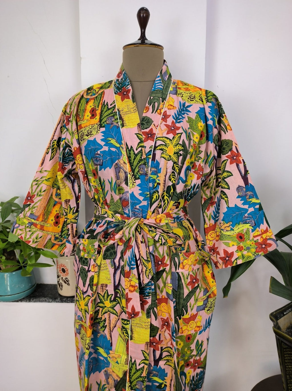block-printed Cotton Kimono Robe in peach floral