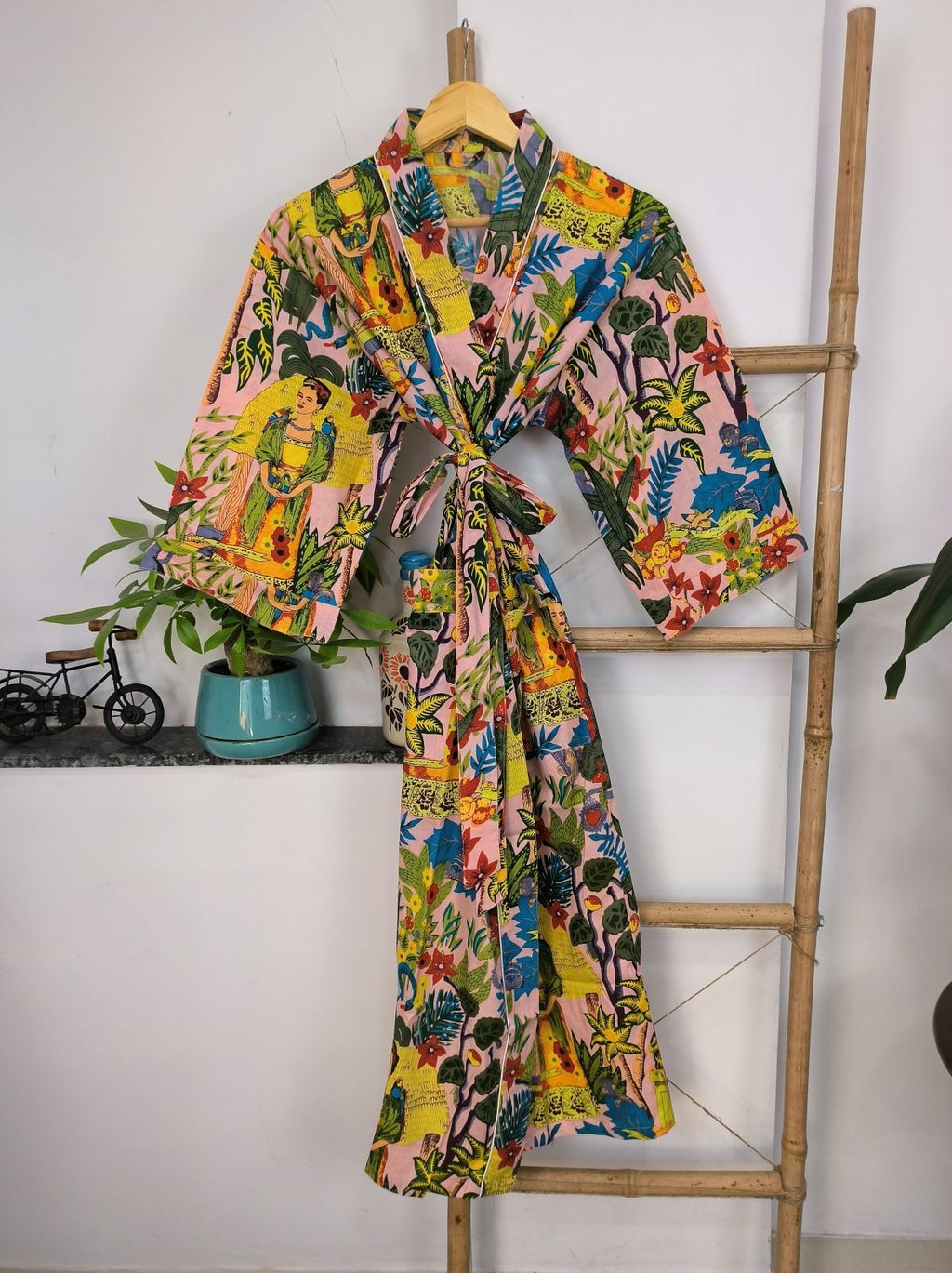 block-printed Cotton Kimono Robe in peach floral