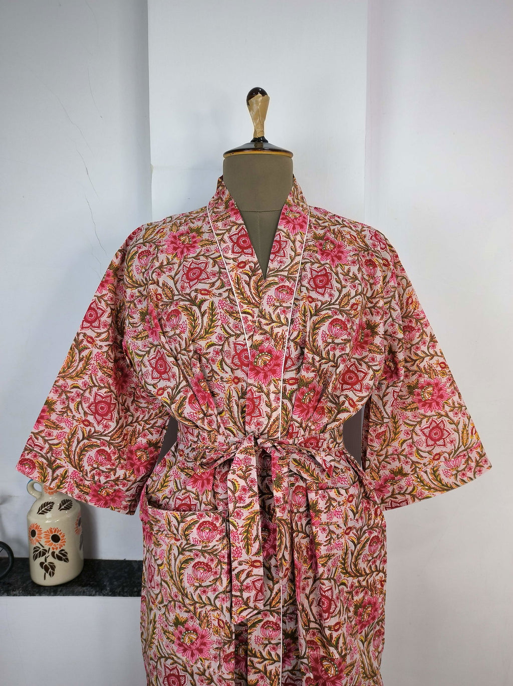 block-printed Cotton Kimono Robe in peach red floral