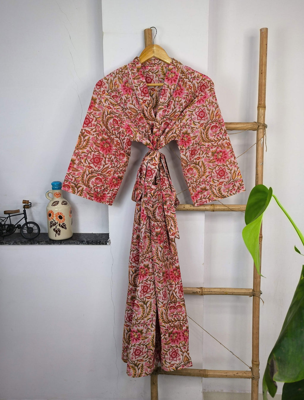 block-printed Cotton Kimono Robe in peach red floral