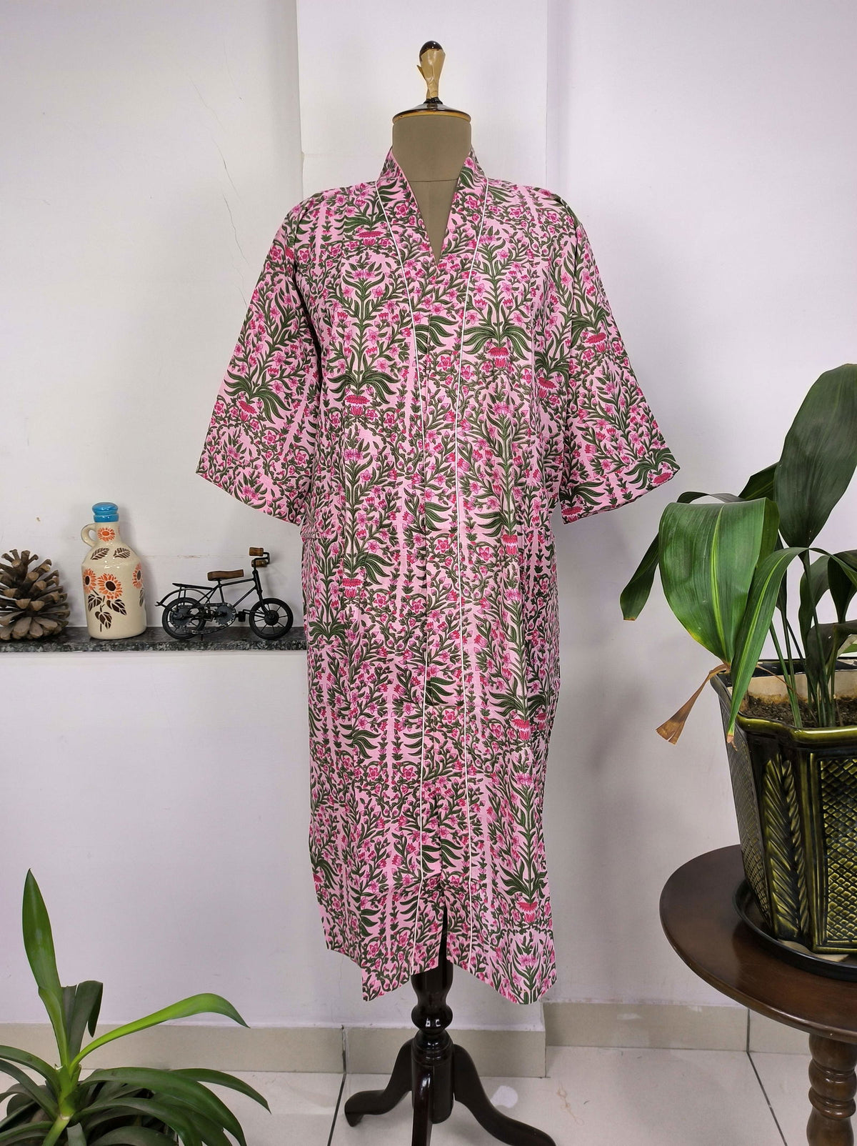block-printed Cotton Kimono Robe in pink green leaf