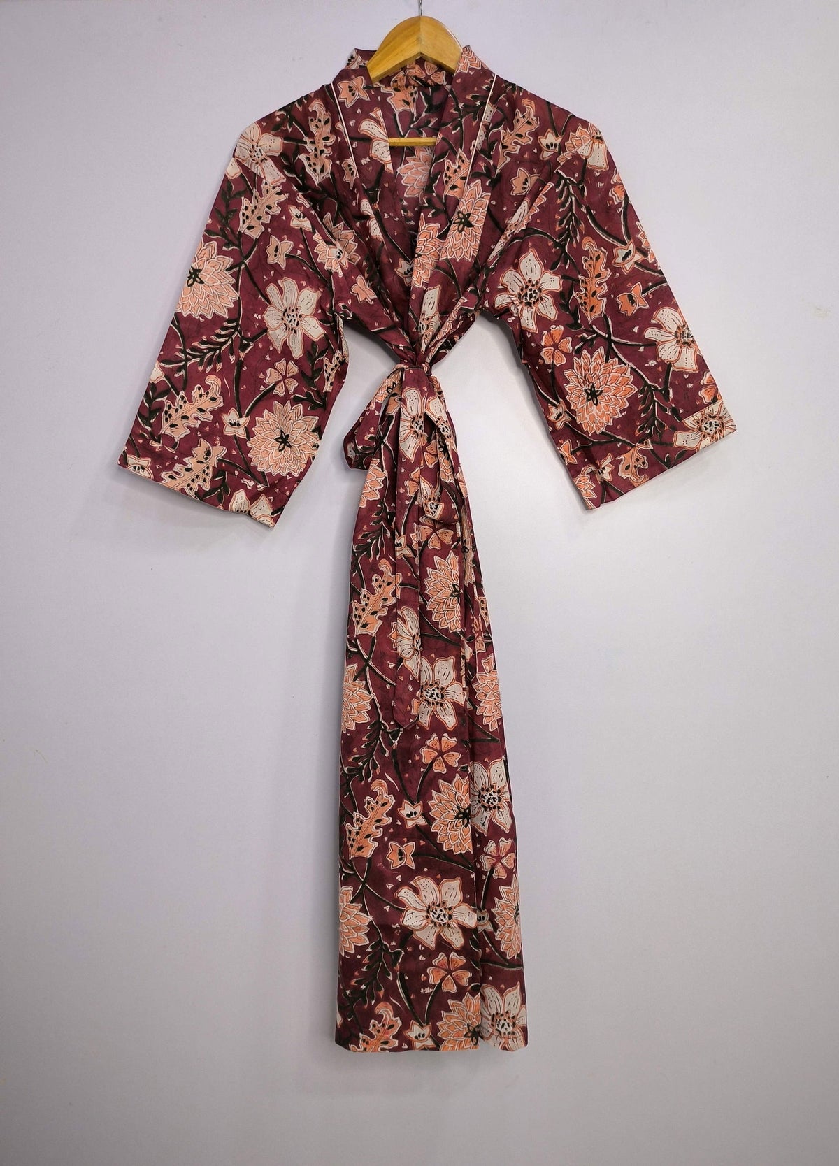 block-printed Cotton Kimono Robe in wine white floral
