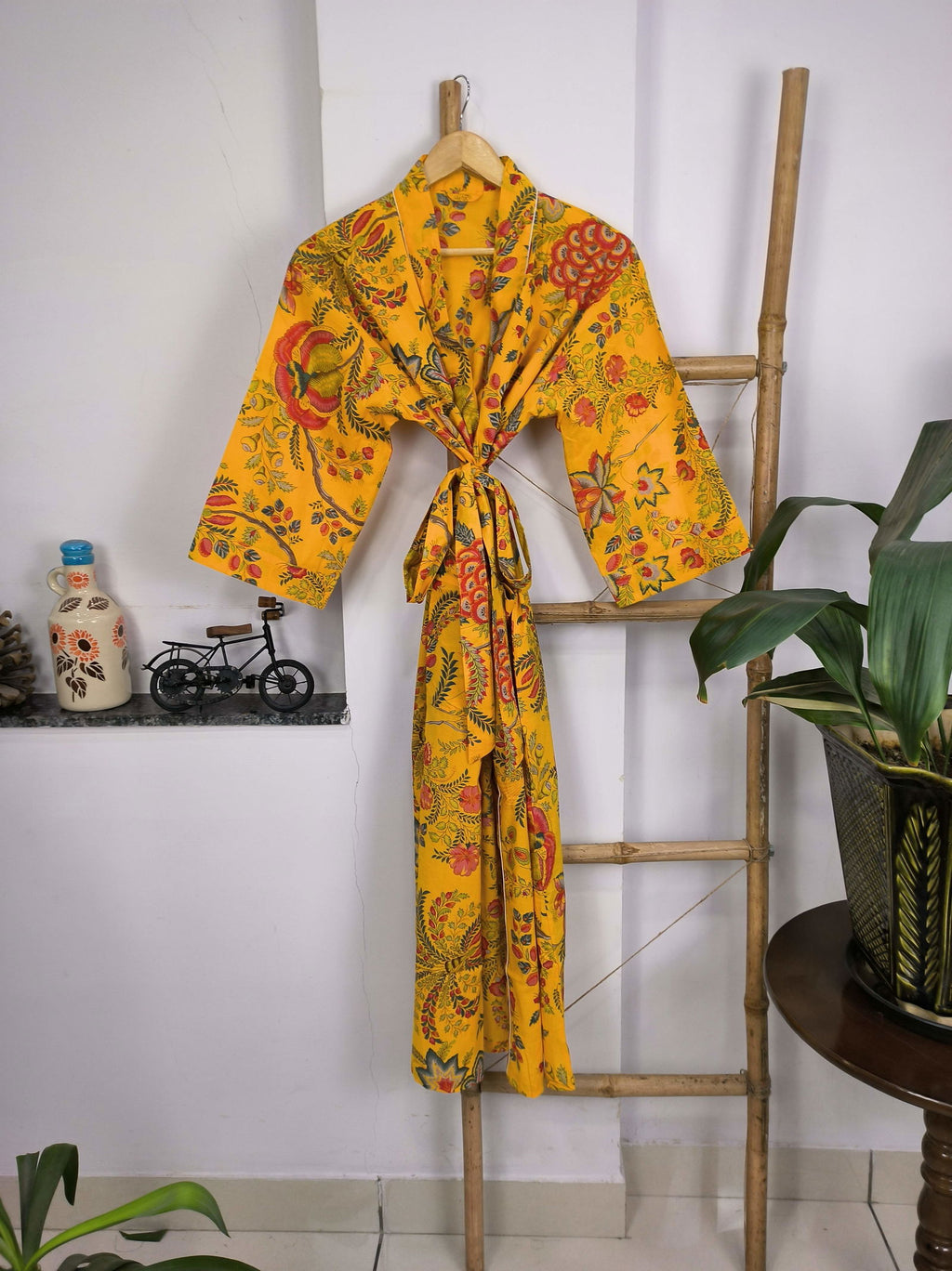 block-printed Cotton Kimono Robe in yellow green red floral