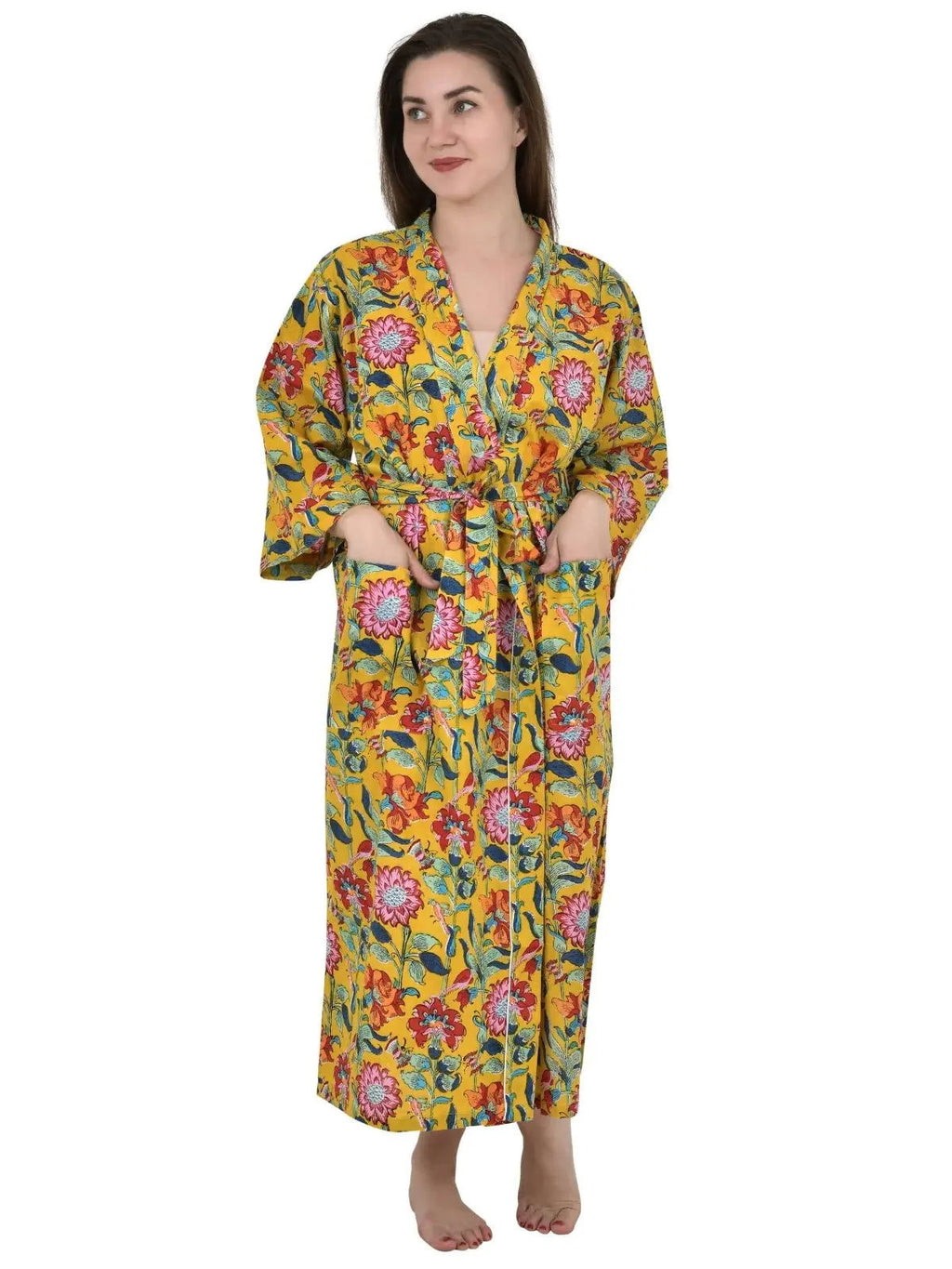 block-printed Cotton Kimono Robe in yellow mustard pink floral