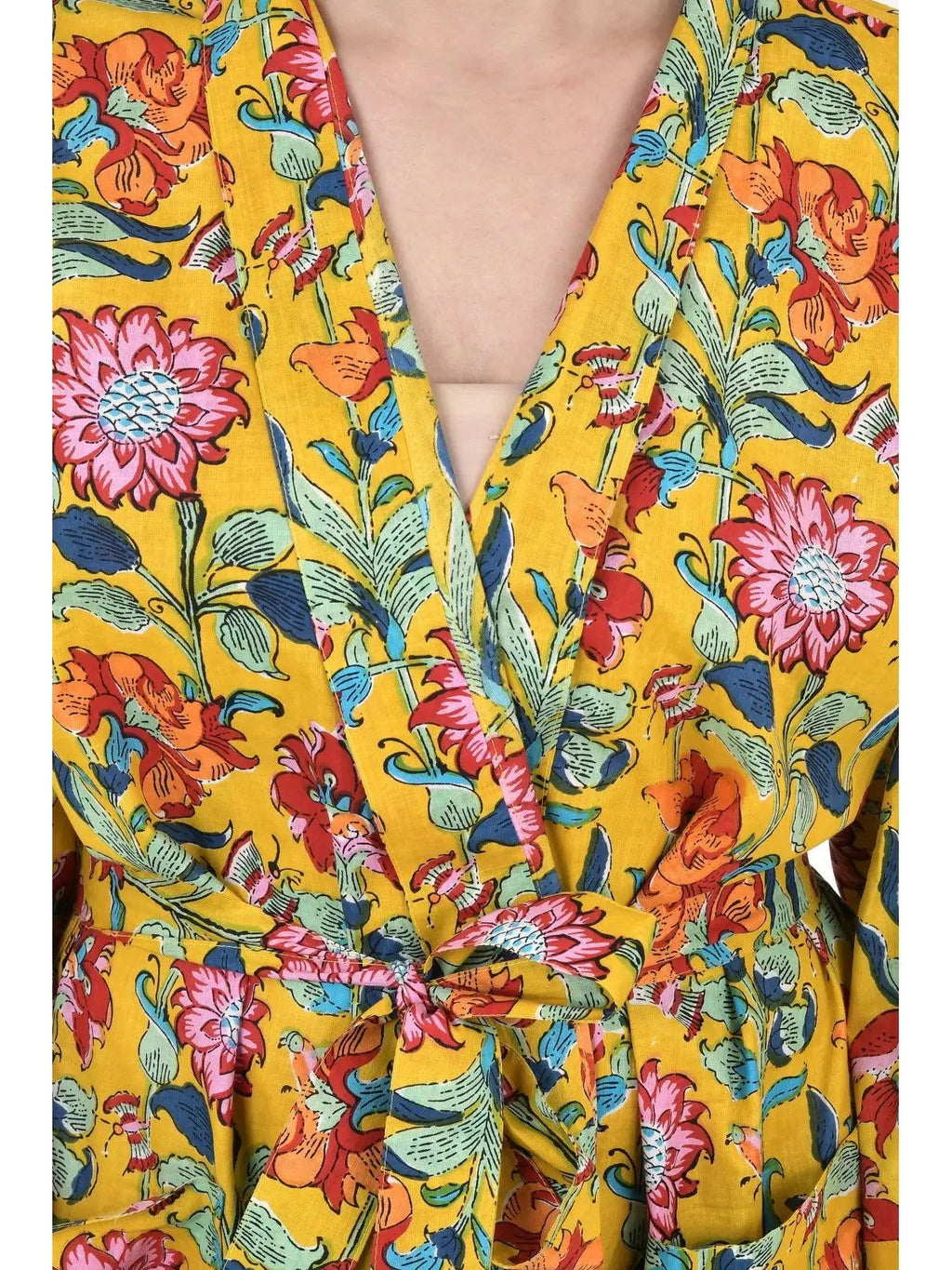 block-printed Cotton Kimono Robe in yellow mustard pink floral