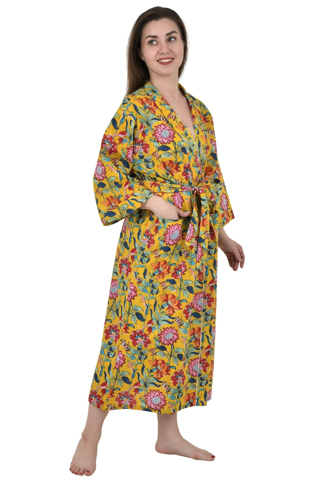 block-printed Cotton Kimono Robe in yellow mustard pink floral