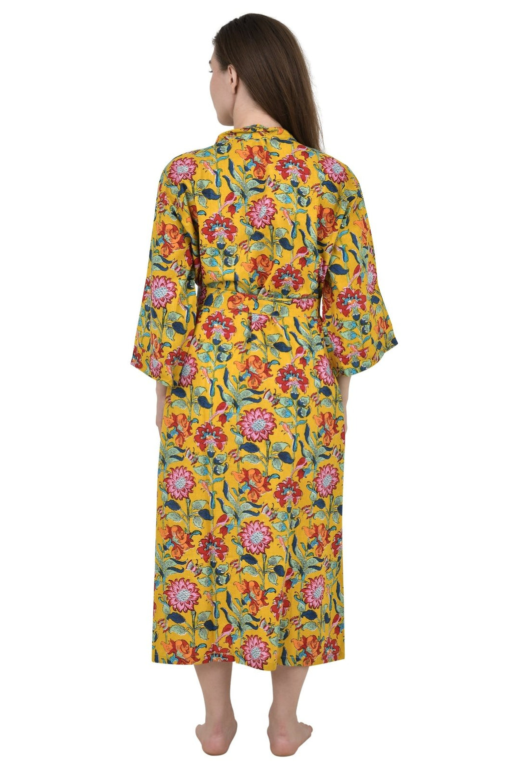 block-printed Cotton Kimono Robe in yellow mustard pink floral