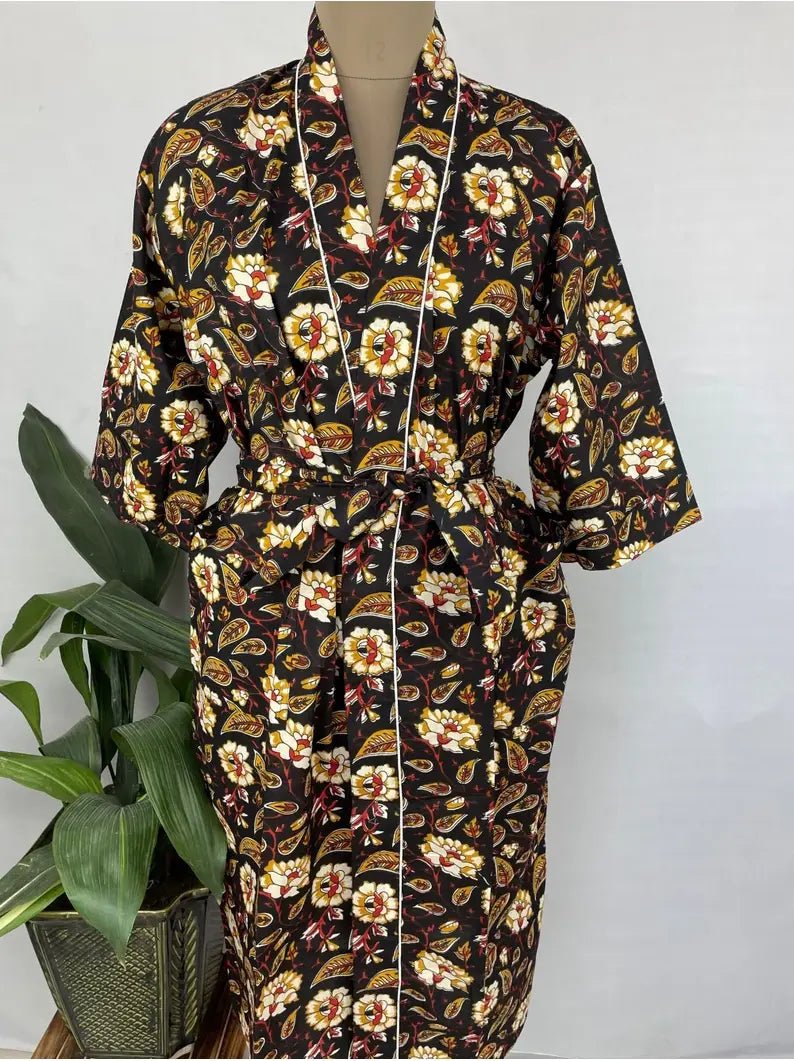 Women's block-printed Cotton Kimono Robe in black saffron floral