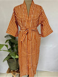 Women's block-printed Cotton Kimono Robe in brown geometric