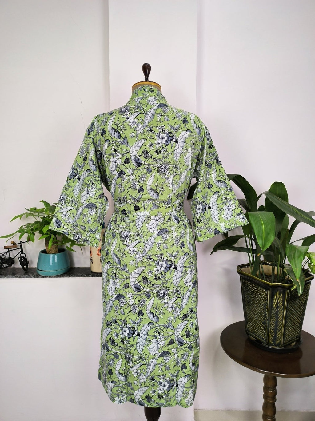 Women's block-printed Cotton Kimono Robe in green pista leaf