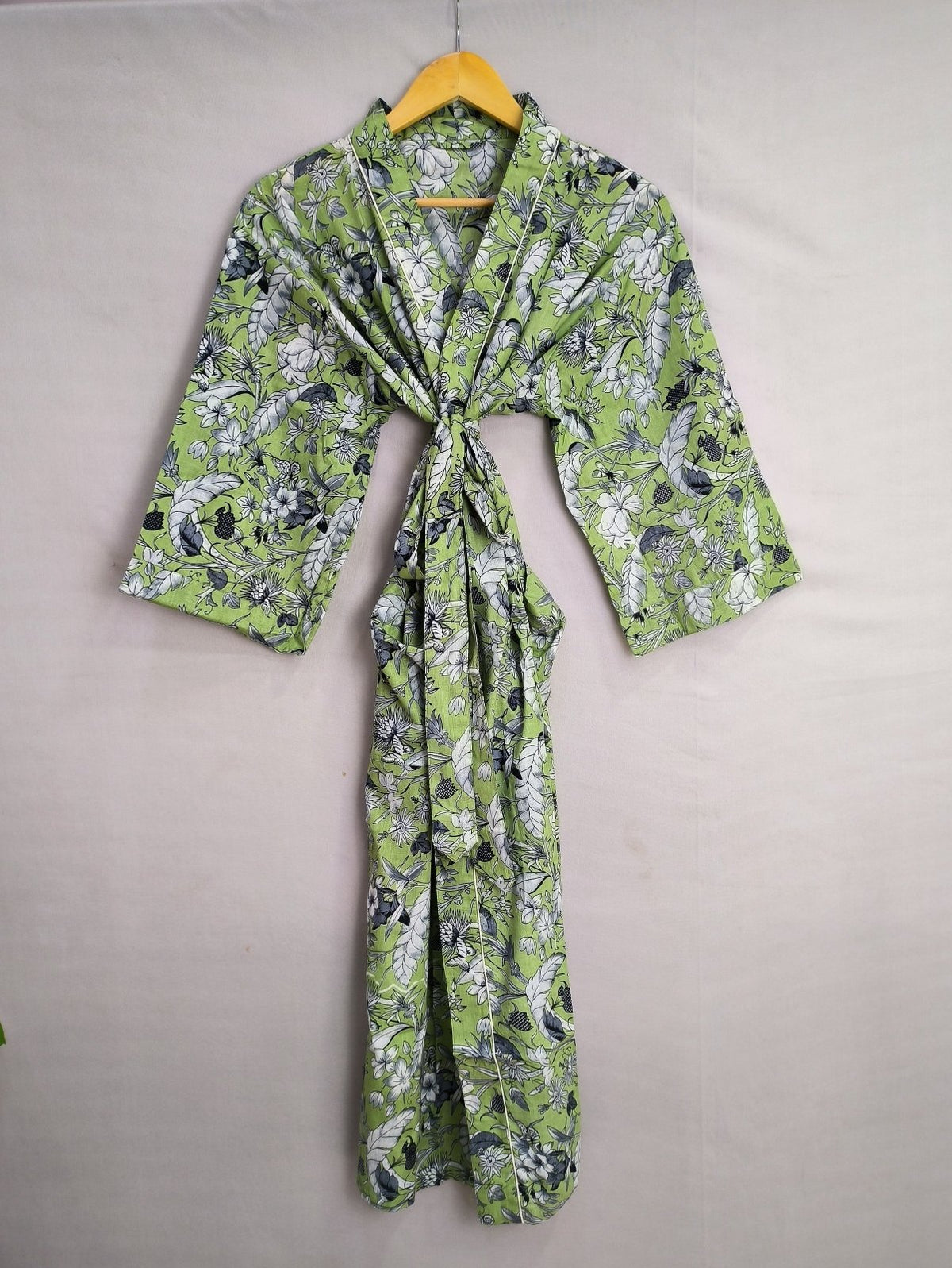 Women's block-printed Cotton Kimono Robe in green pista leaf