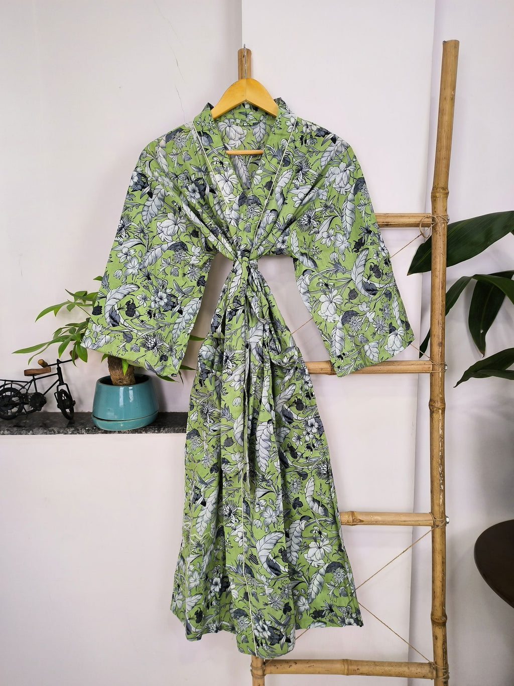 Women's block-printed Cotton Kimono Robe in green pista leaf