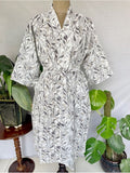 Women's block-printed Cotton Kimono Robe in grey white leaf