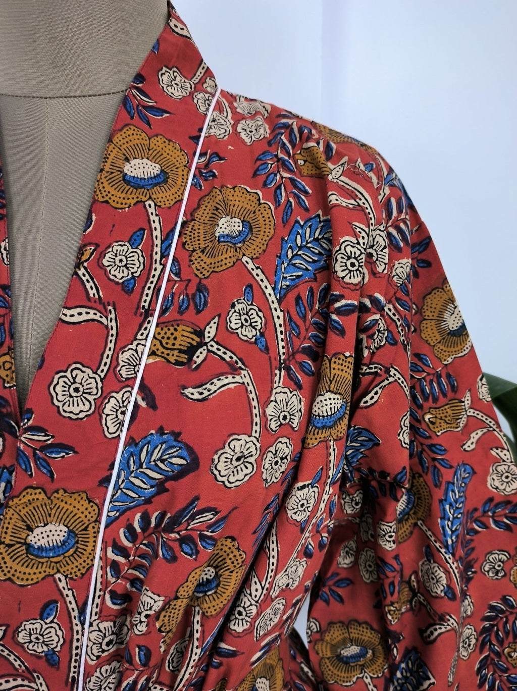Women's block-printed Cotton Kimono Robe in maroon yellow floral