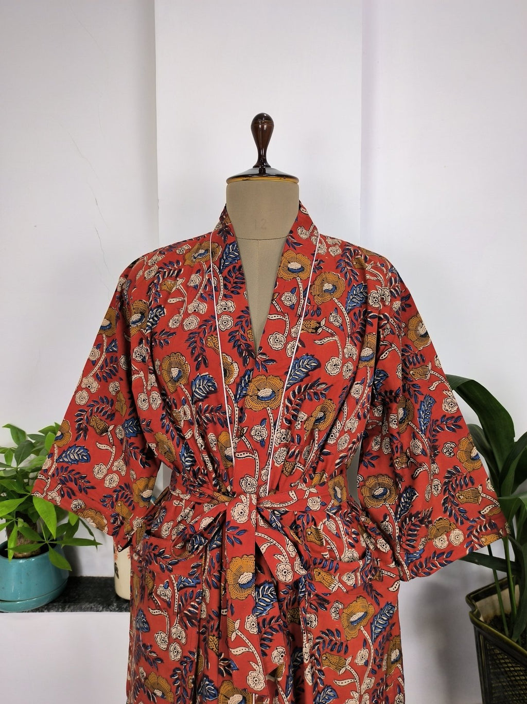 Women's block-printed Cotton Kimono Robe in maroon yellow floral