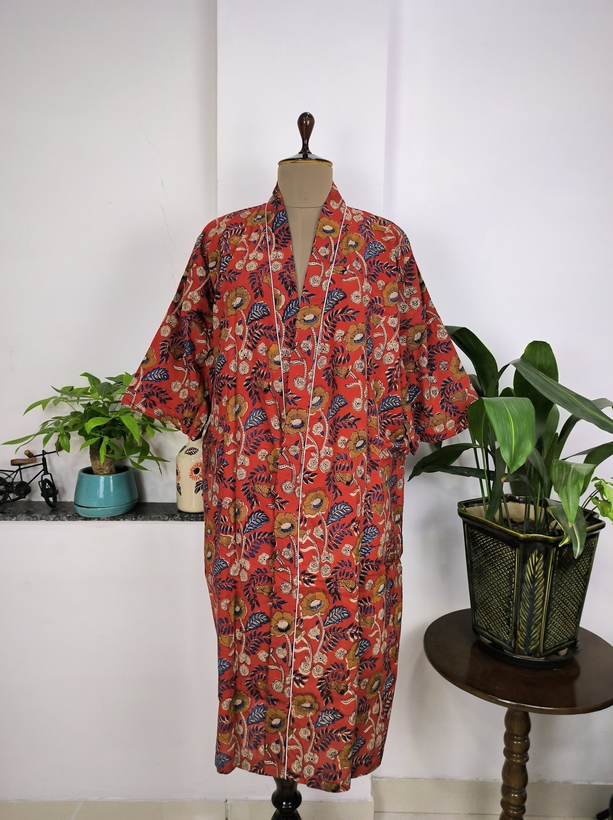 Women's block-printed Cotton Kimono Robe in maroon yellow floral
