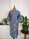 Women's block-printed Cotton Kimono Robe in pink blue yellow leaf