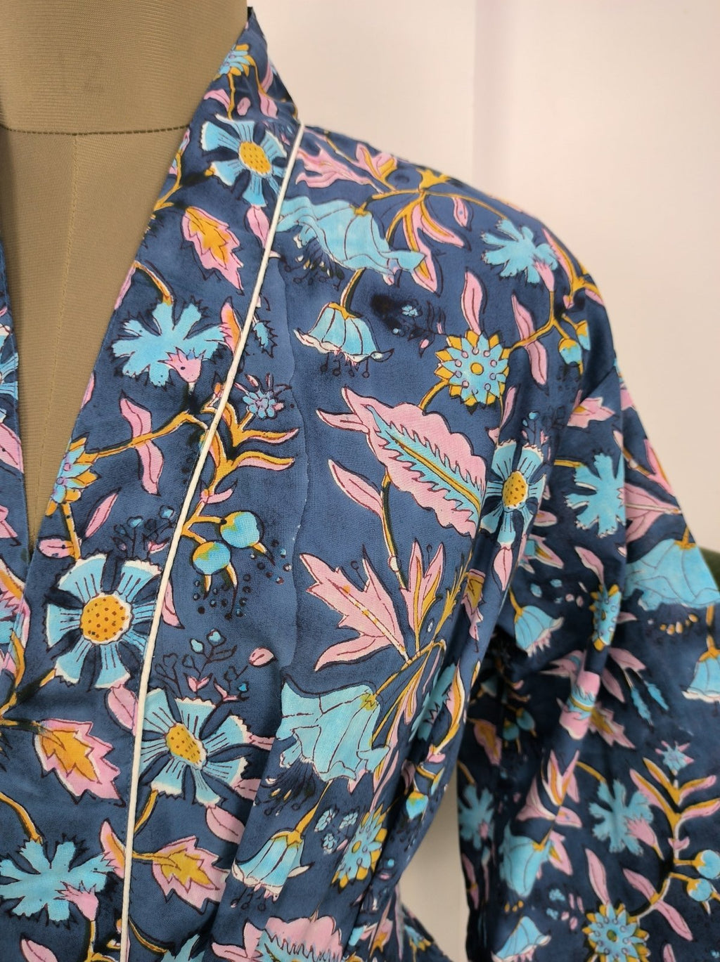 Women's block-printed Cotton Kimono Robe in pink blue yellow leaf