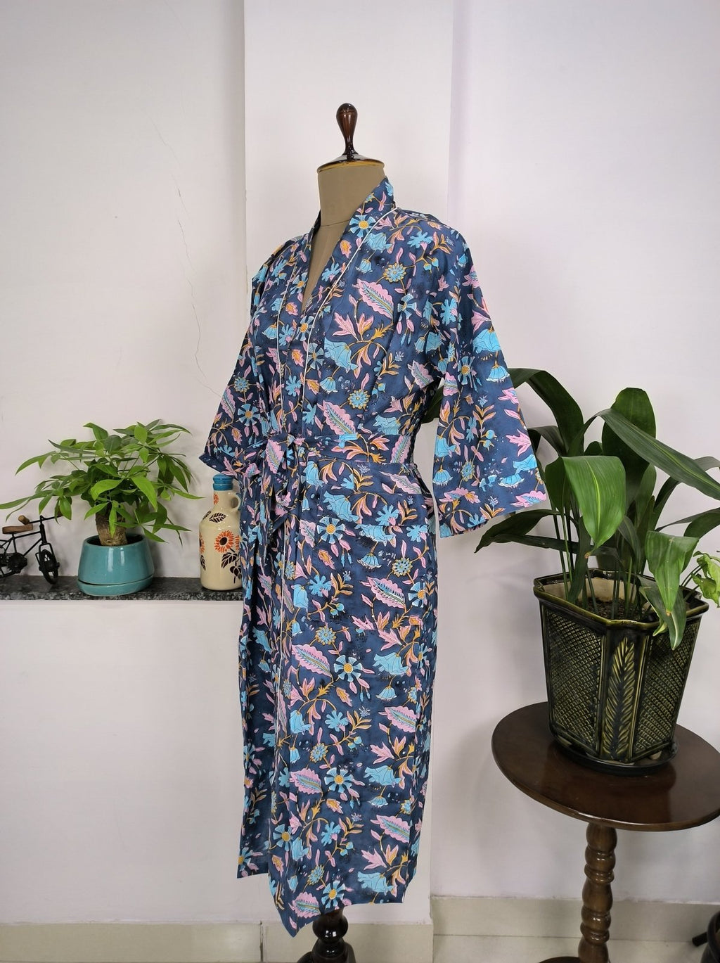 Women's block-printed Cotton Kimono Robe in pink blue yellow leaf