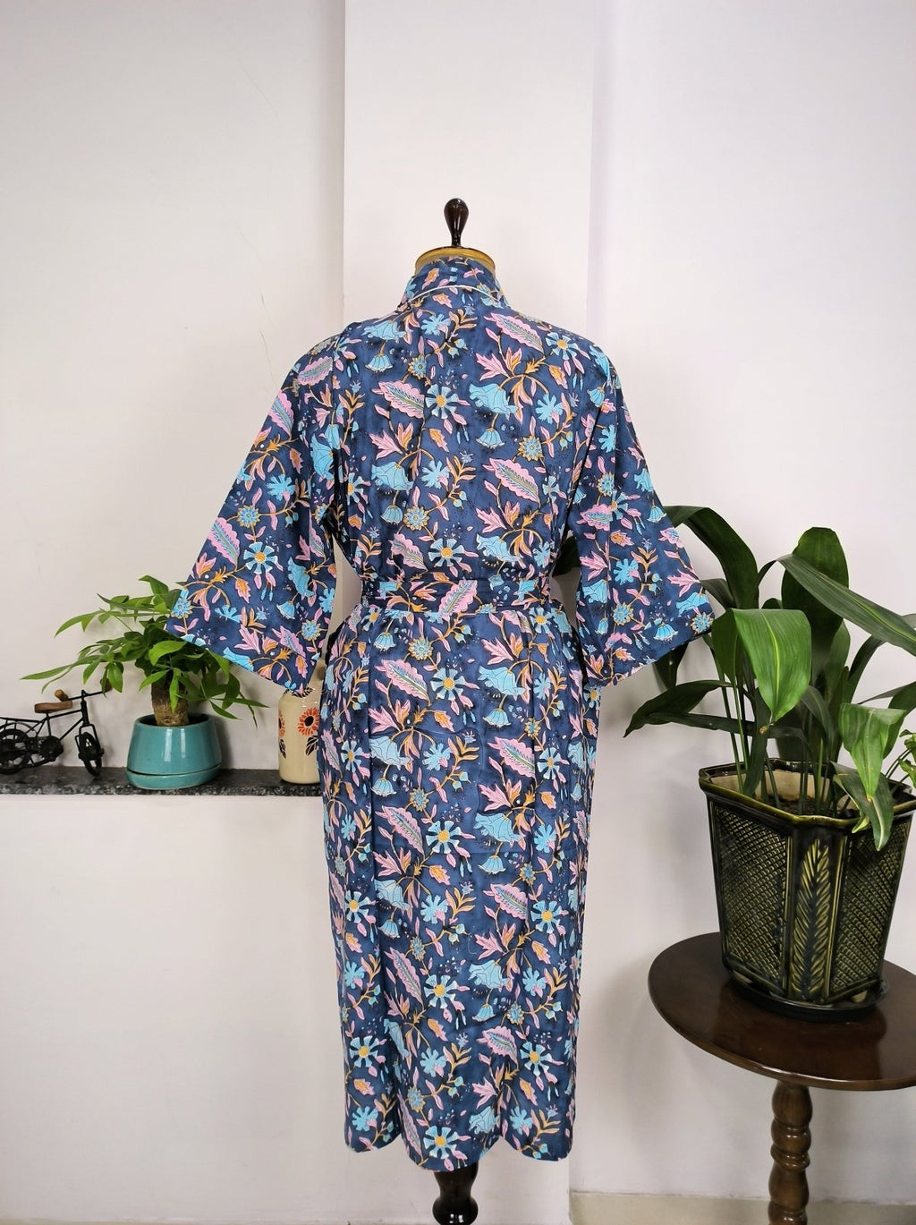Women's block-printed Cotton Kimono Robe in pink blue yellow leaf