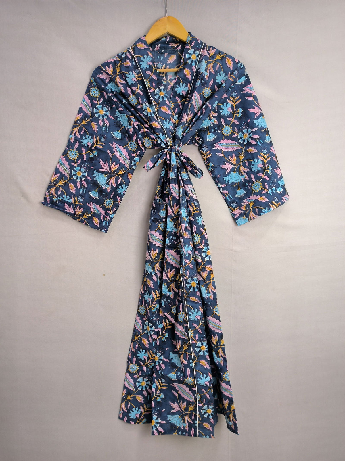 Women's block-printed Cotton Kimono Robe in pink blue yellow leaf