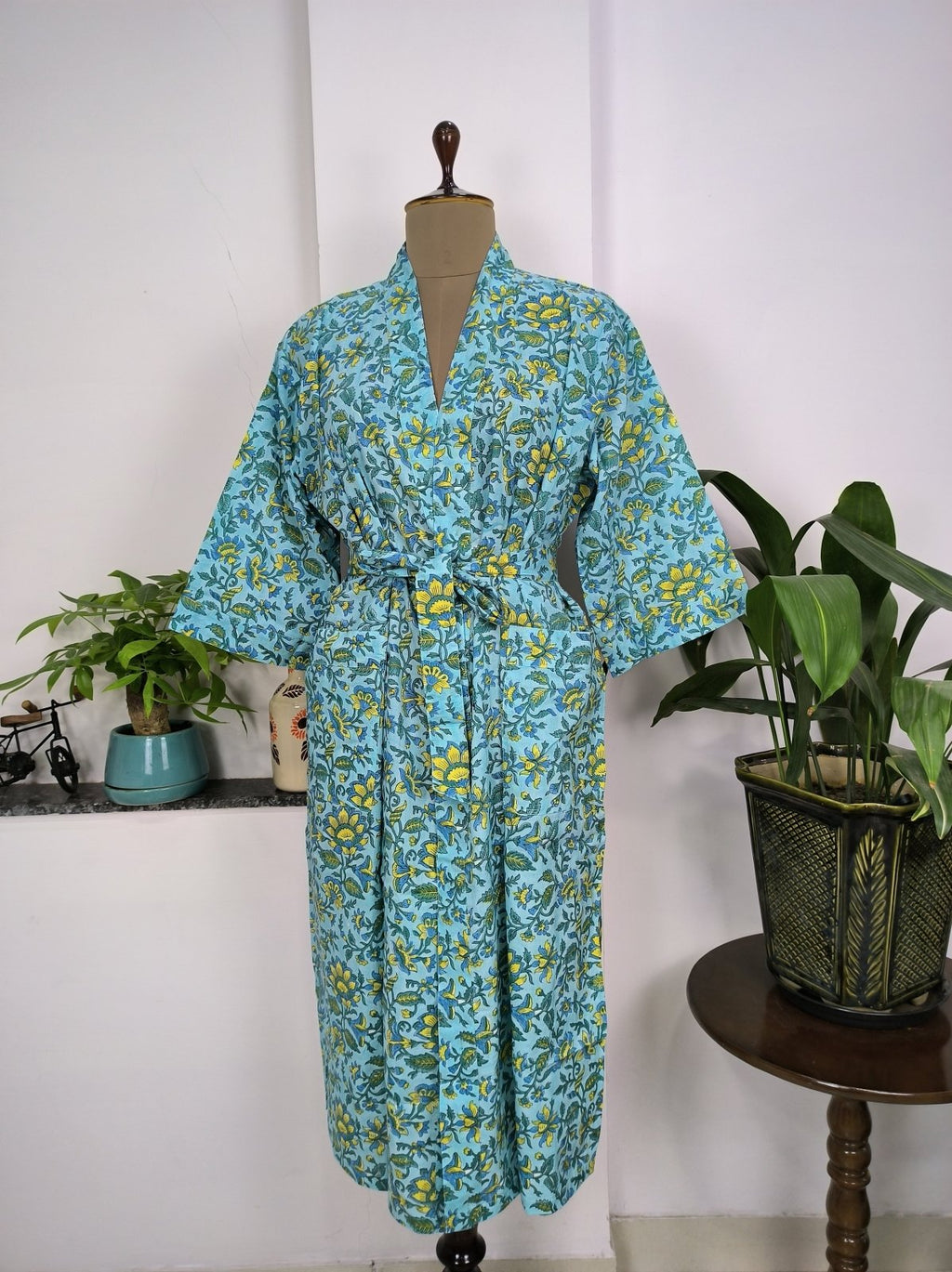 Women's block-printed Cotton Kimono Robe in mustard leaf