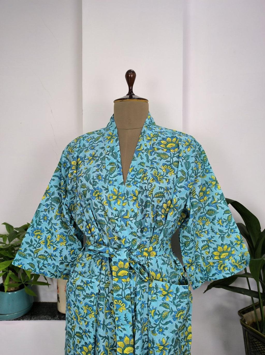 Women's block-printed Cotton Kimono Robe in mustard leaf
